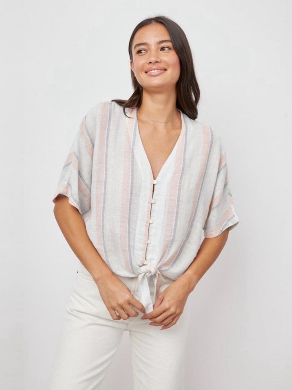 Rails Thea Biarritz Multi Stripe Linen Blend Tie Front Top - XS